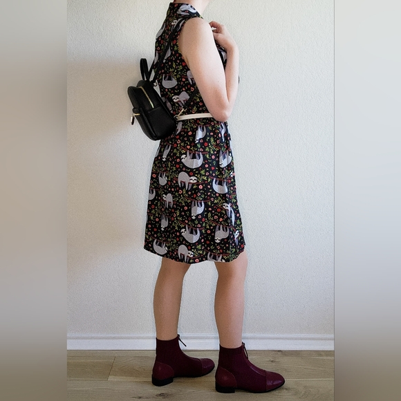 Fun Forest Woodland Sloth Animal Print Midi Dress, Size M - Picture 2 of 12